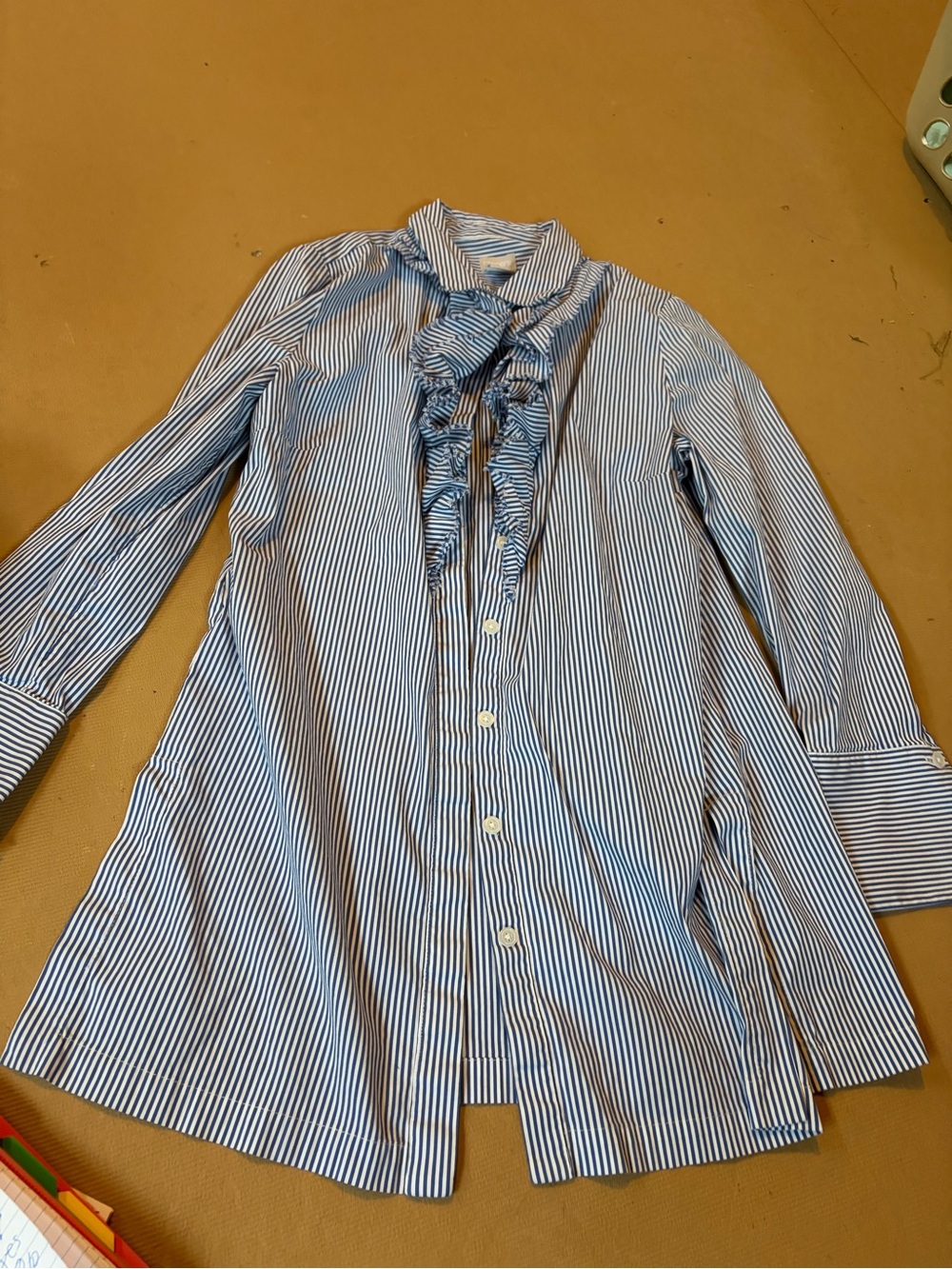 Chico's Blue & White Striped Ruffle-Front Blouse size 1(8/10)